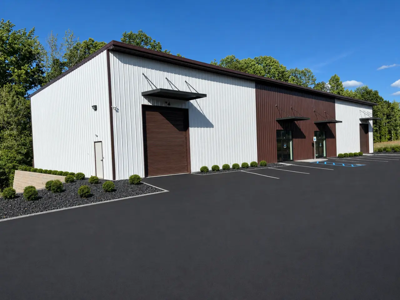 Anderson Business Park building exterior with fresh parking lot, directly off I-85